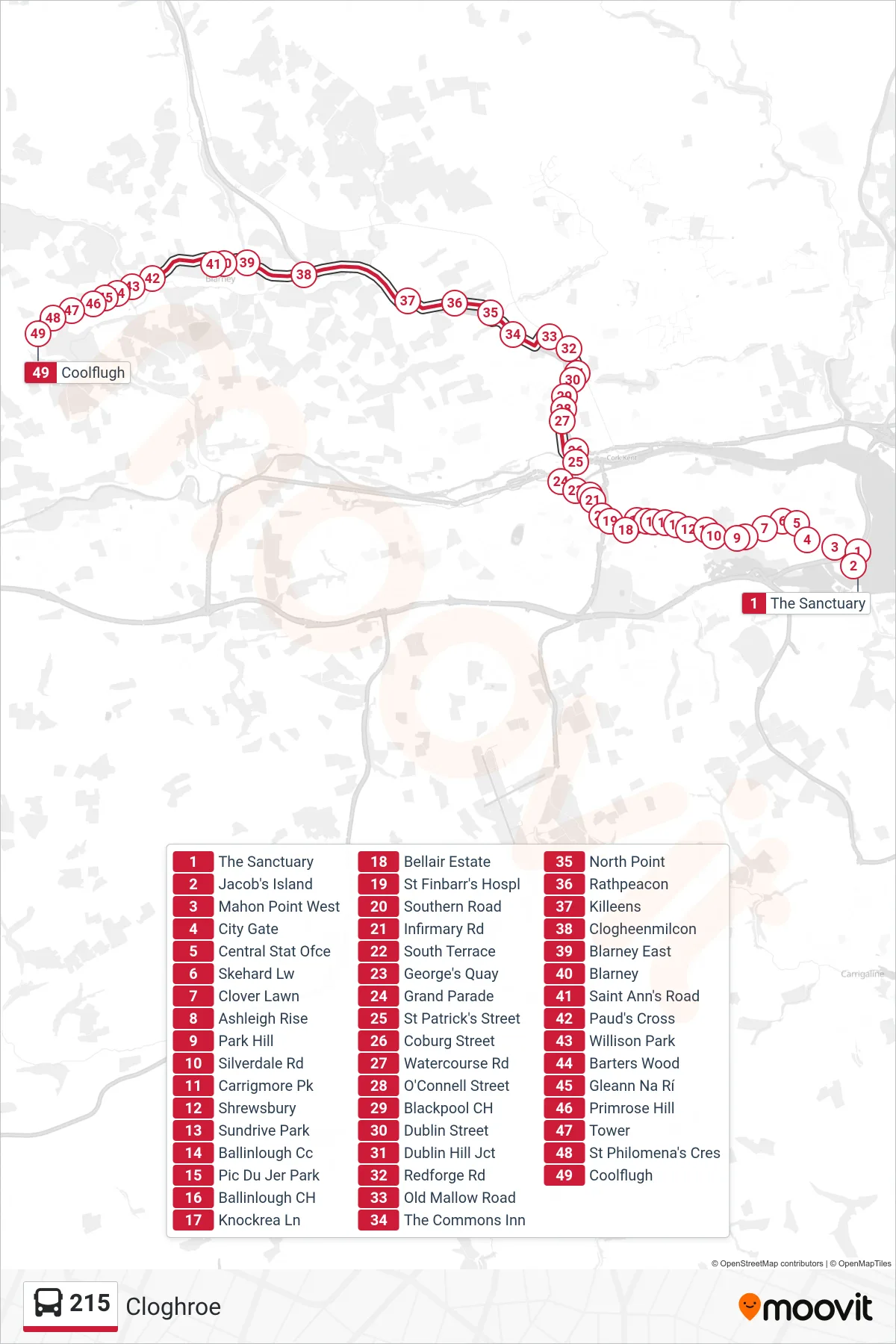 215 bus Line (Cloghroe) route and stops on a map