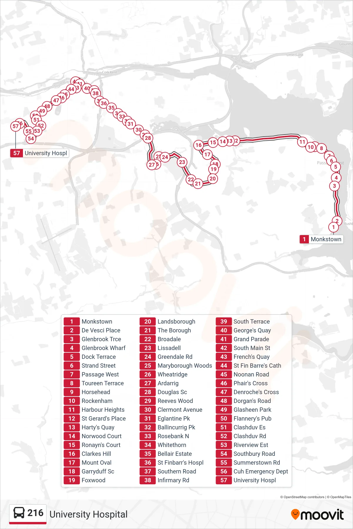 216 bus Line (University Hospital) route and stops on a map