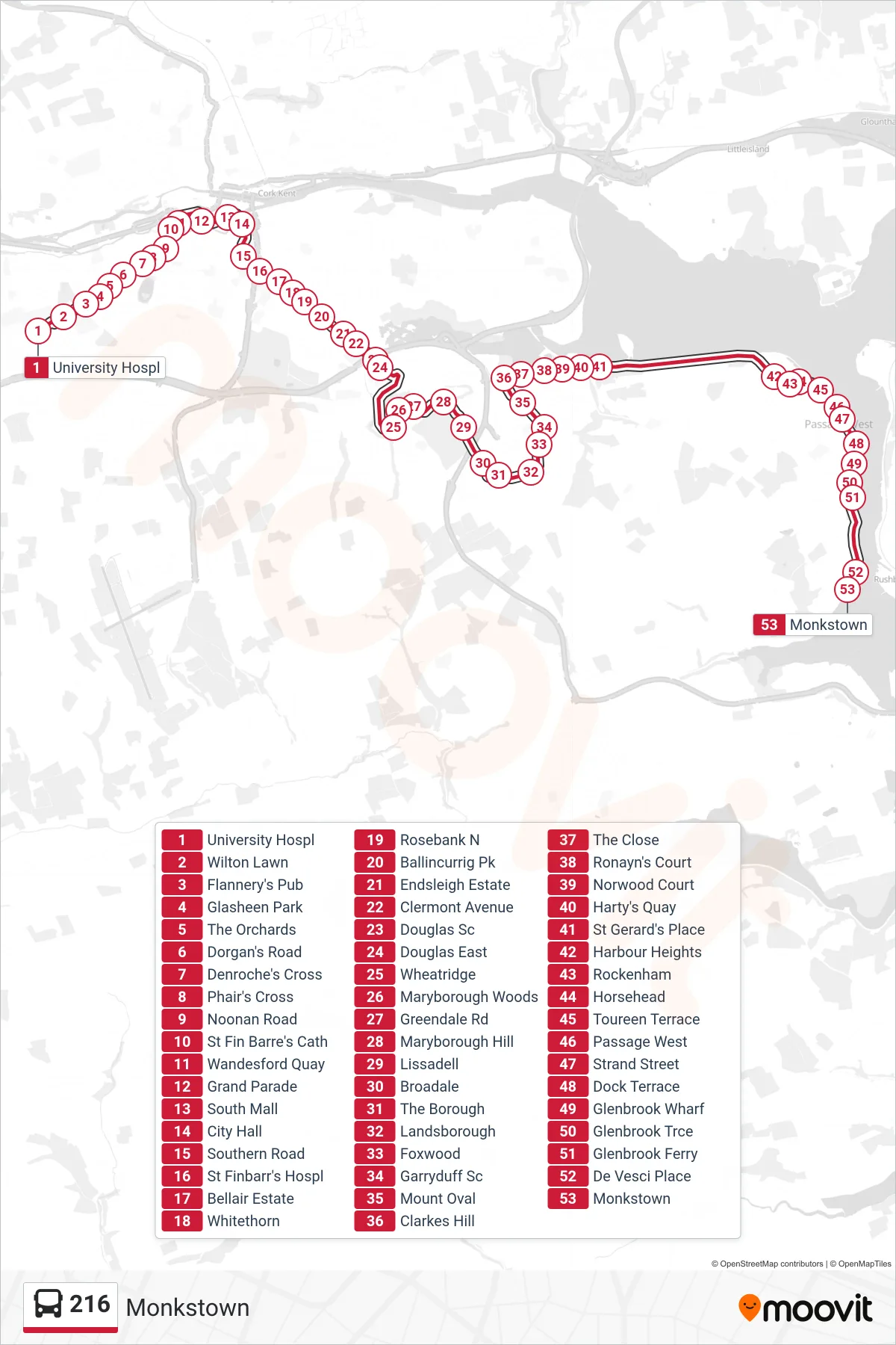 216 bus Line (Monkstown) route and stops on a map