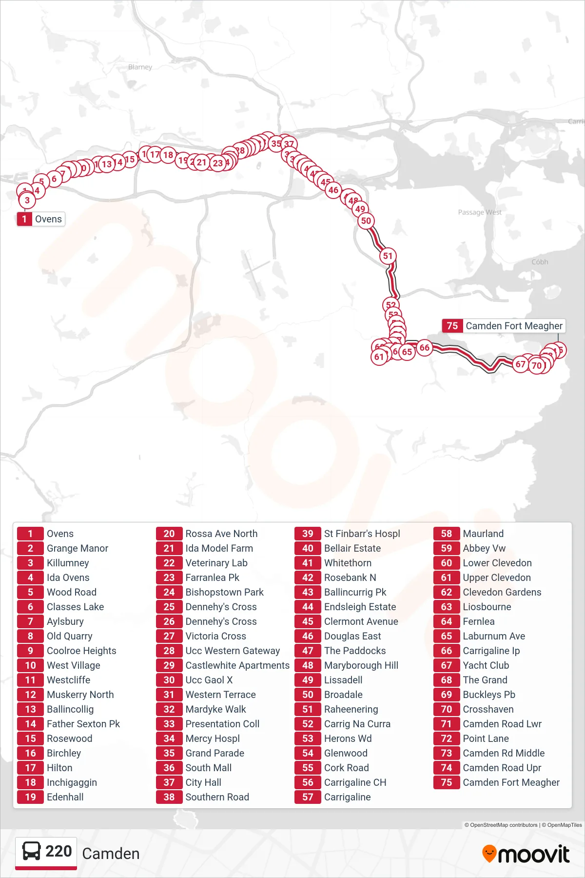 220 bus Line (Camden) route and stops on a map
