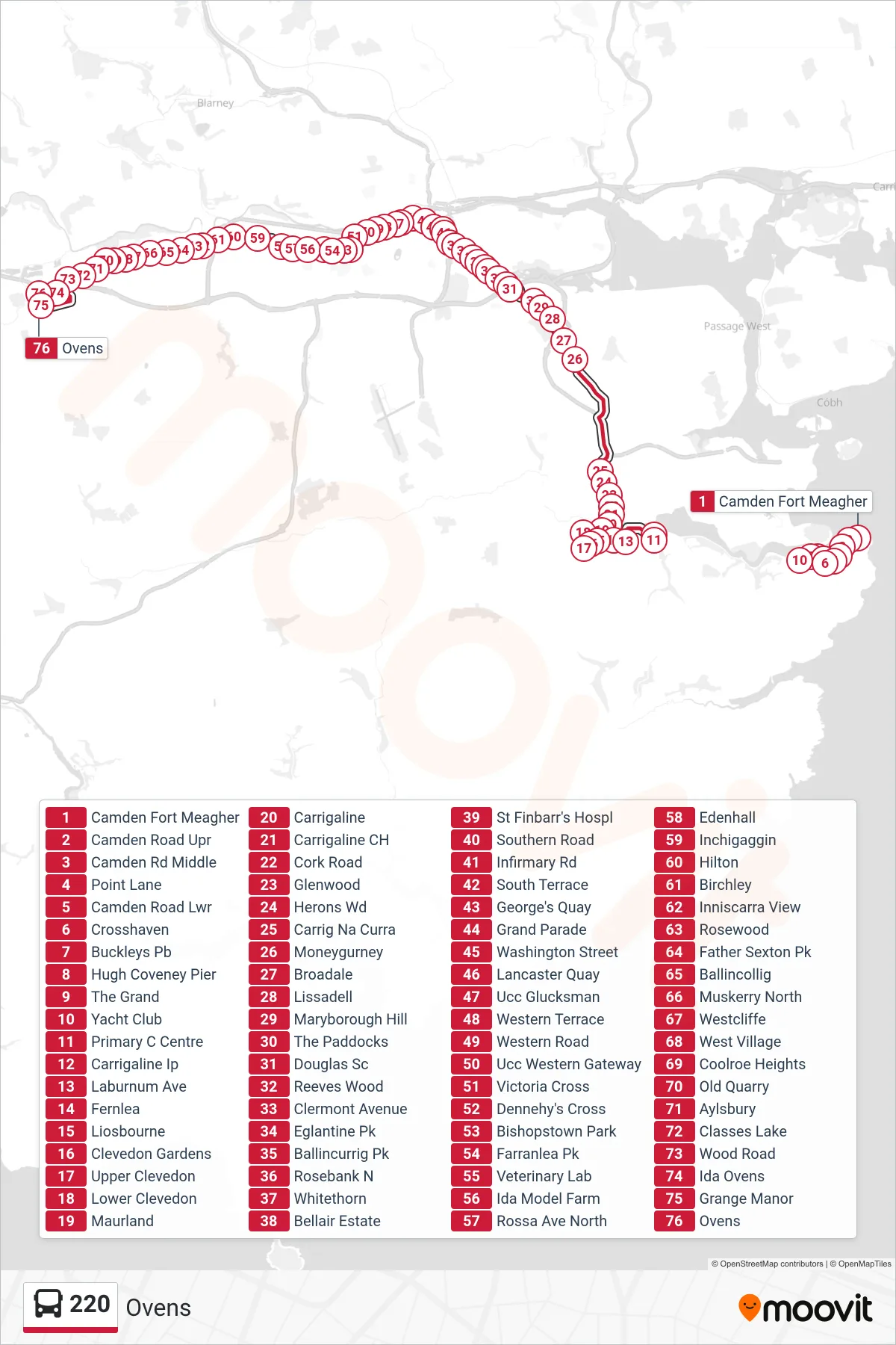 220 bus Line (Ovens) route and stops on a map