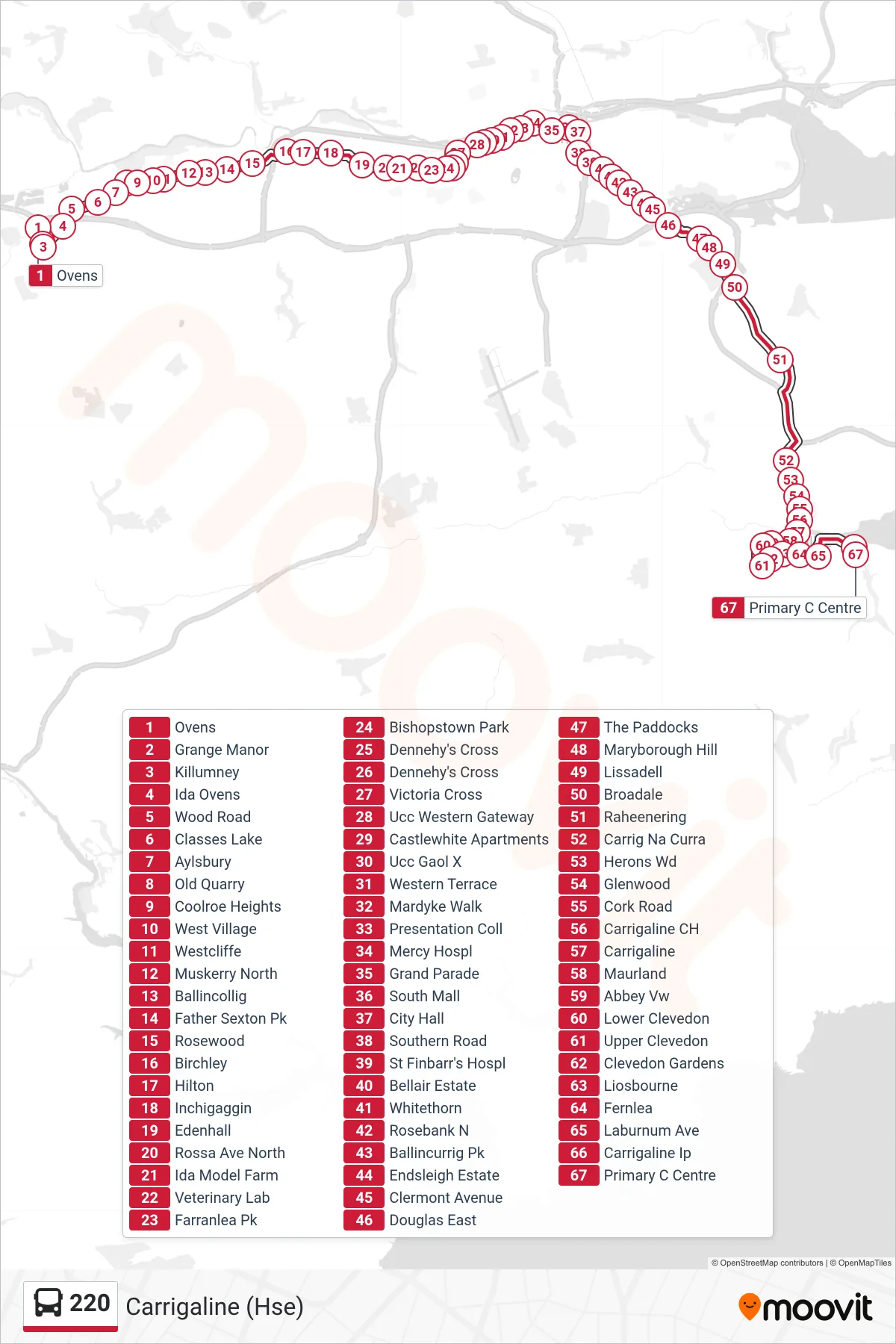 220 bus Line (Carrigaline (Hse)) route and stops on a map
