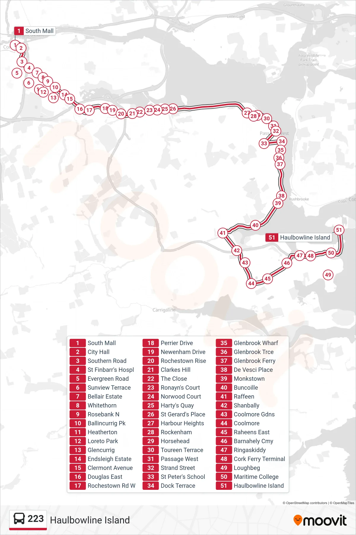 223 bus Line (Haulbowline Island) route and stops on a map
