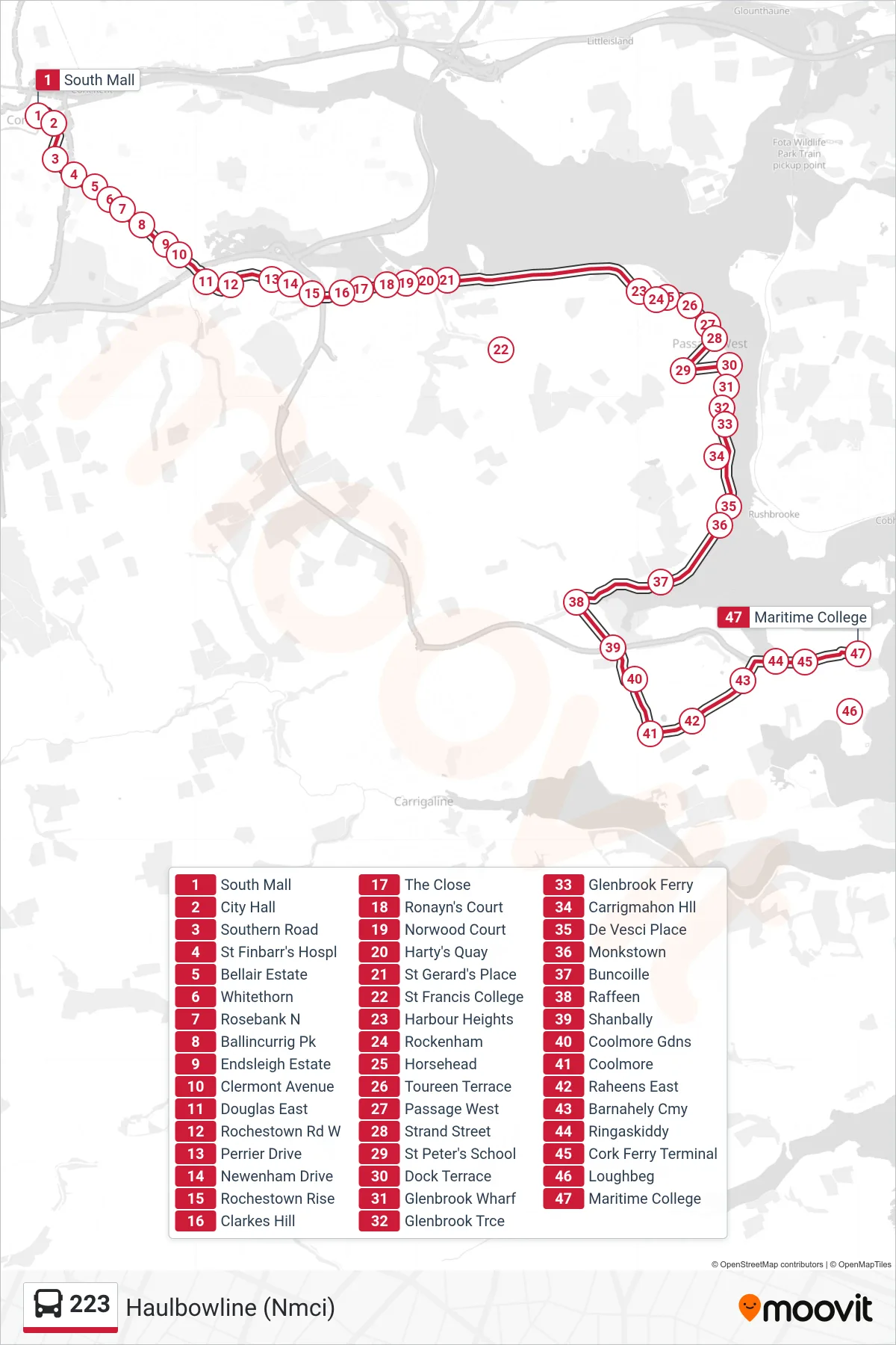 223 bus Line (Haulbowline (Nmci)) route and stops on a map