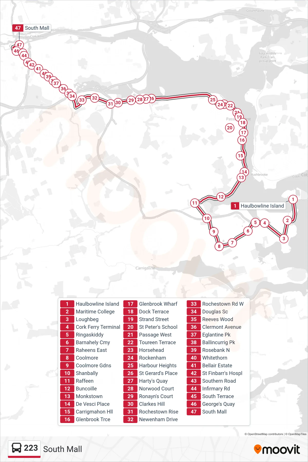 223 bus Line (South Mall) route and stops on a map
