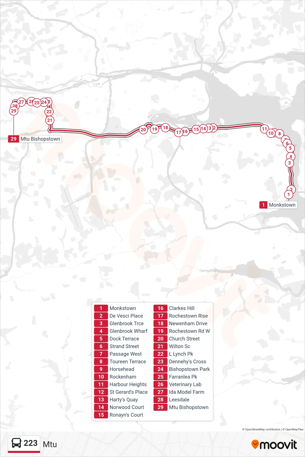 223 bus Line (Mtu) route and stops on a map