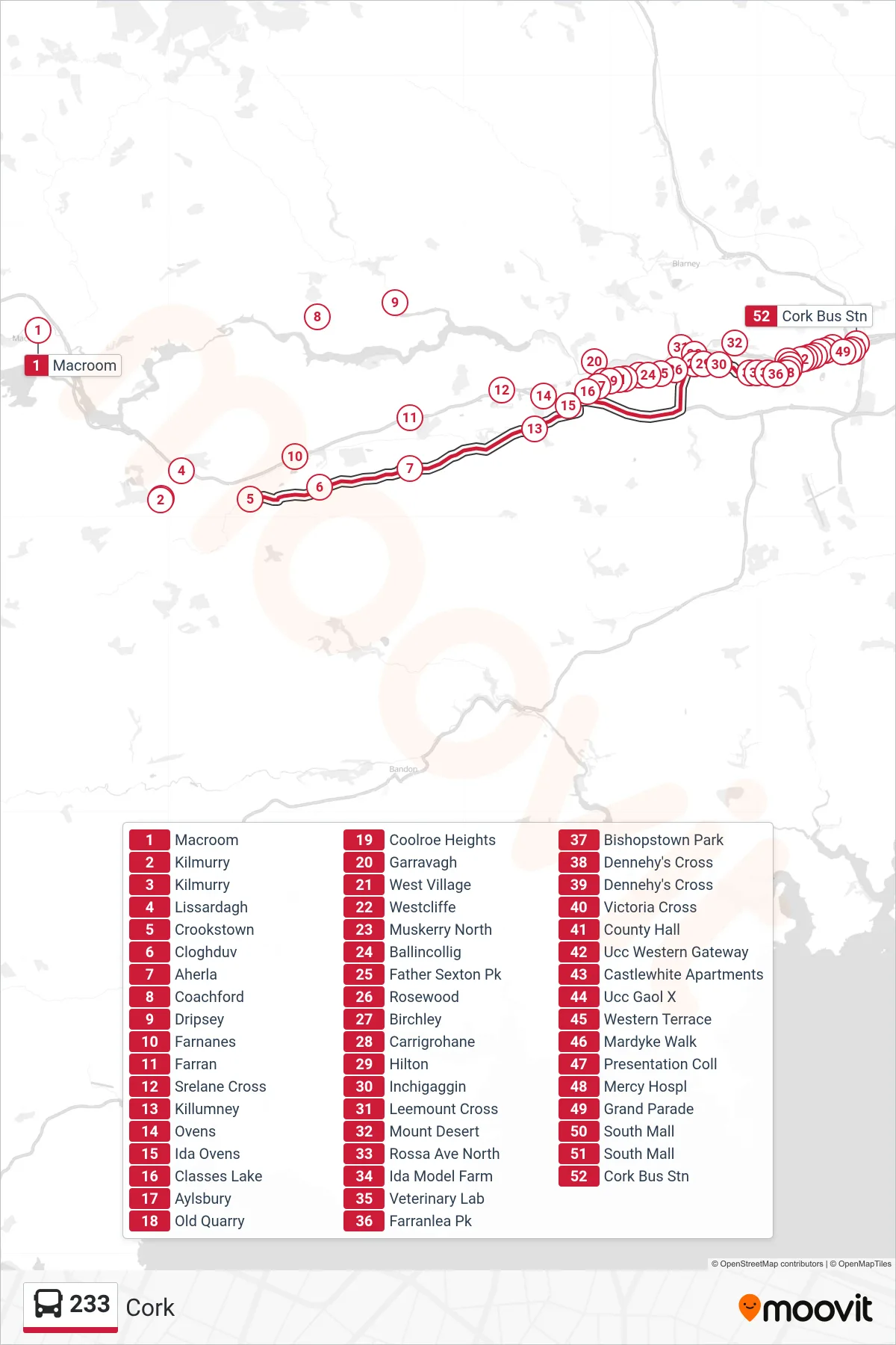 233 bus Line (Cork) route and stops on a map