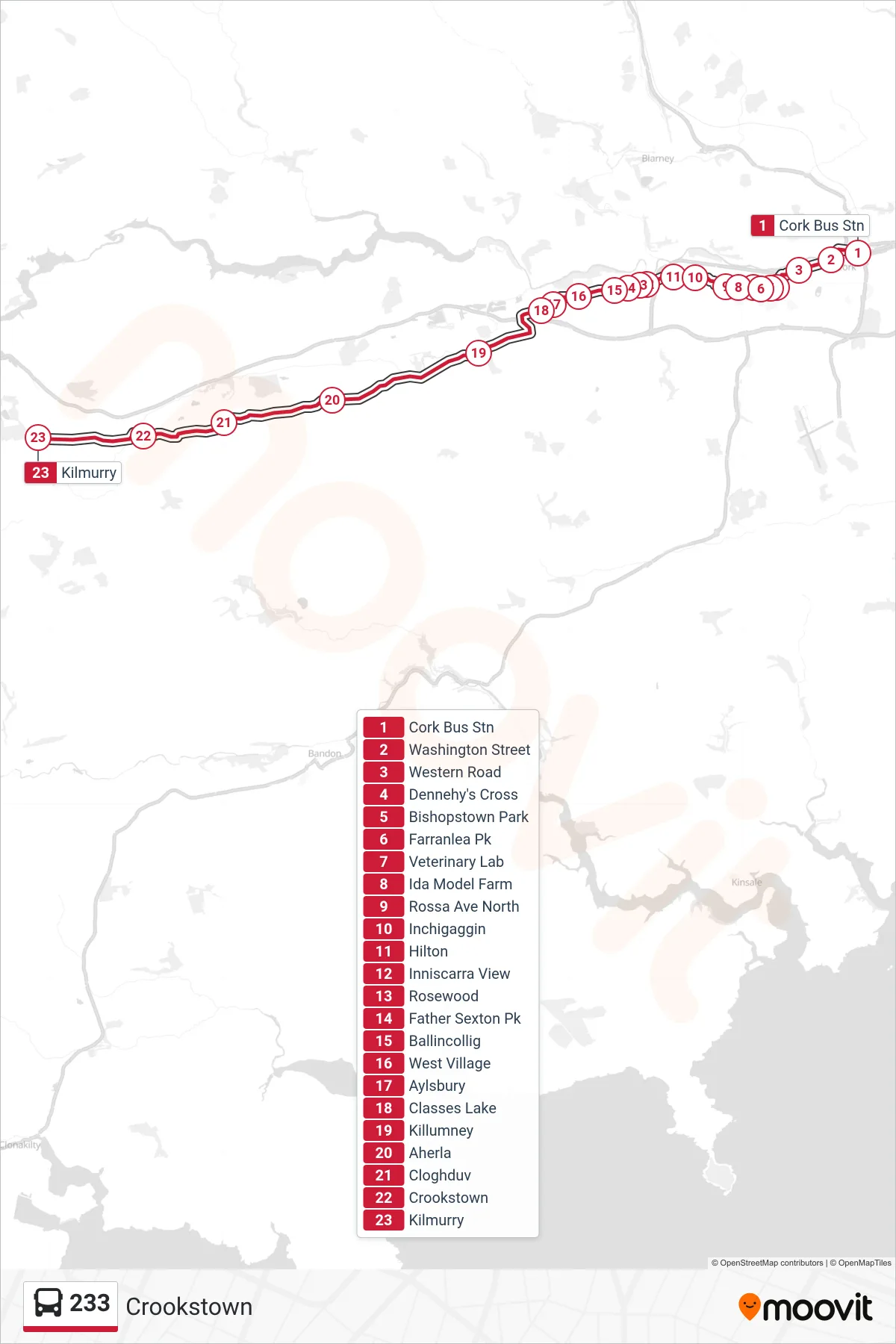 233 bus Line (Crookstown) route and stops on a map