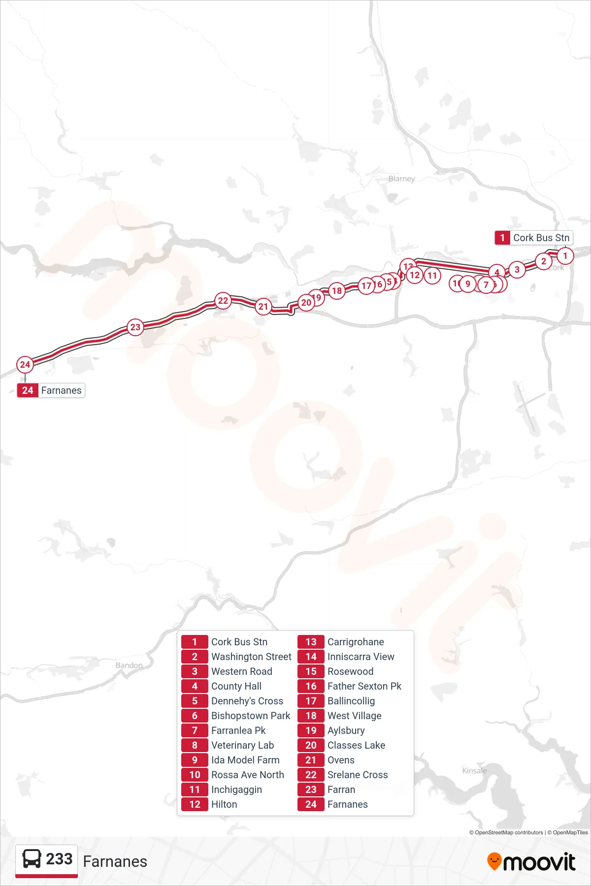 233 bus Line (Farnanes) route and stops on a map