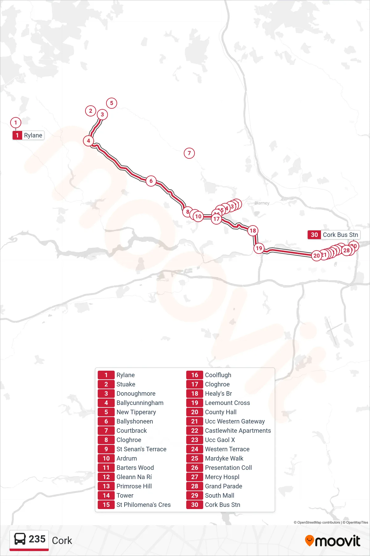 235 bus Line (Cork) route and stops on a map