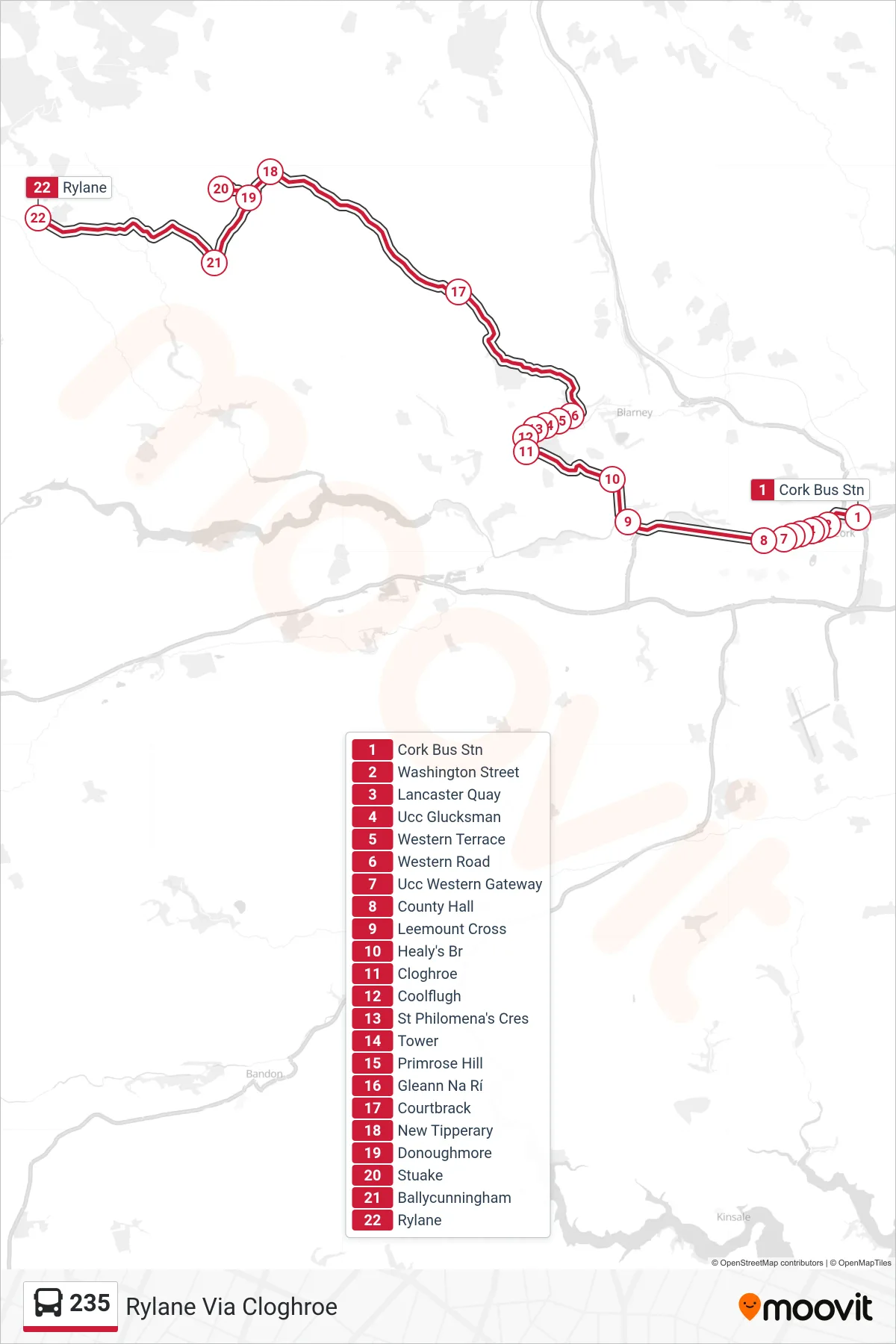 235 bus Line (Rylane Via Cloghroe) route and stops on a map