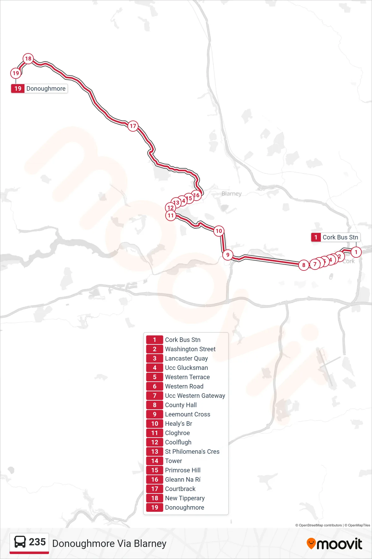 235 bus Line (Donoughmore Via Blarney) route and stops on a map