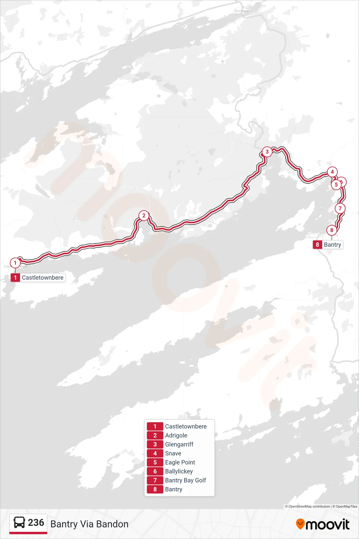 236 bus Line (Bantry Via Bandon) route and stops on a map