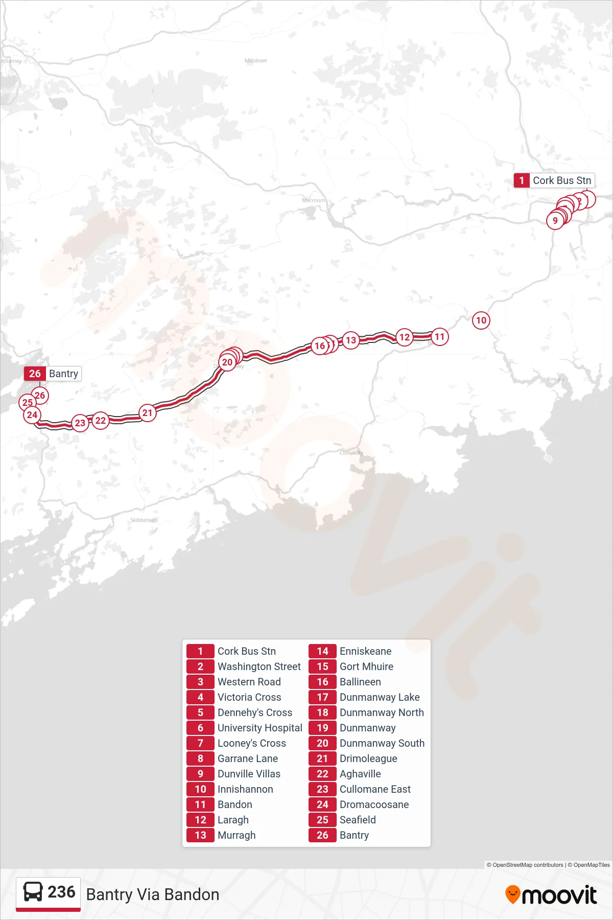 236 bus Line (Bantry Via Bandon) route and stops on a map