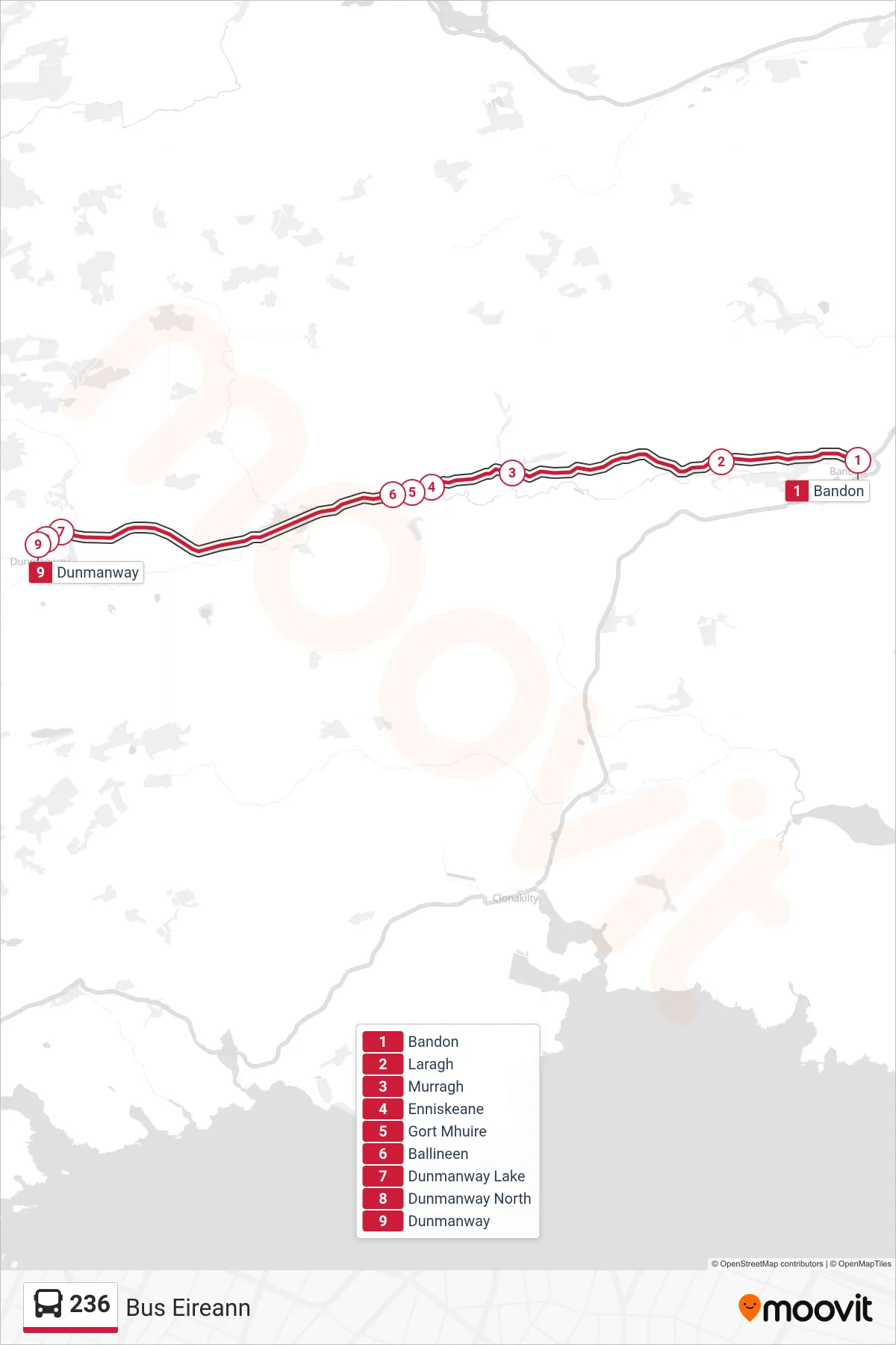 236 bus Line (Bus Eireann) route and stops on a map