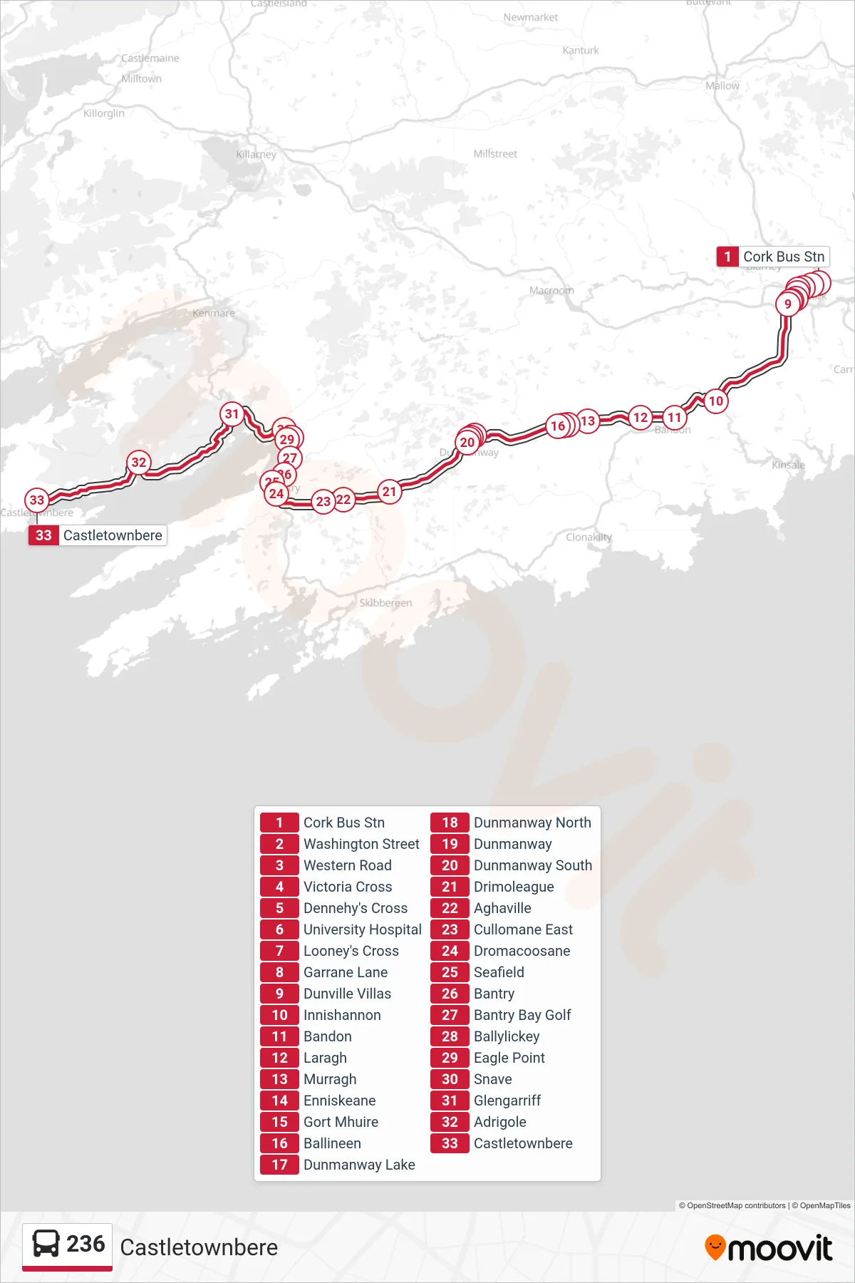 236 bus Line (Castletownbere) route and stops on a map