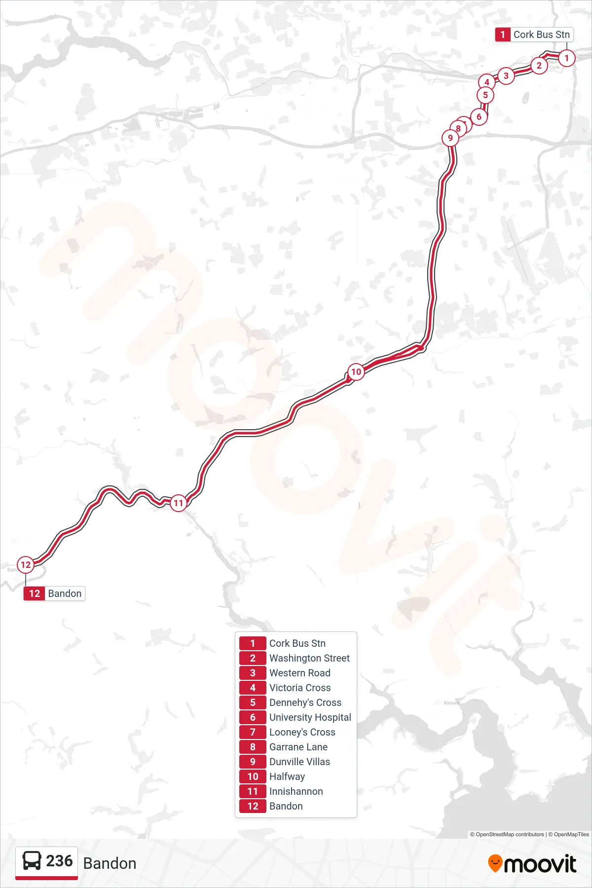 236 bus Line (Bandon) route and stops on a map