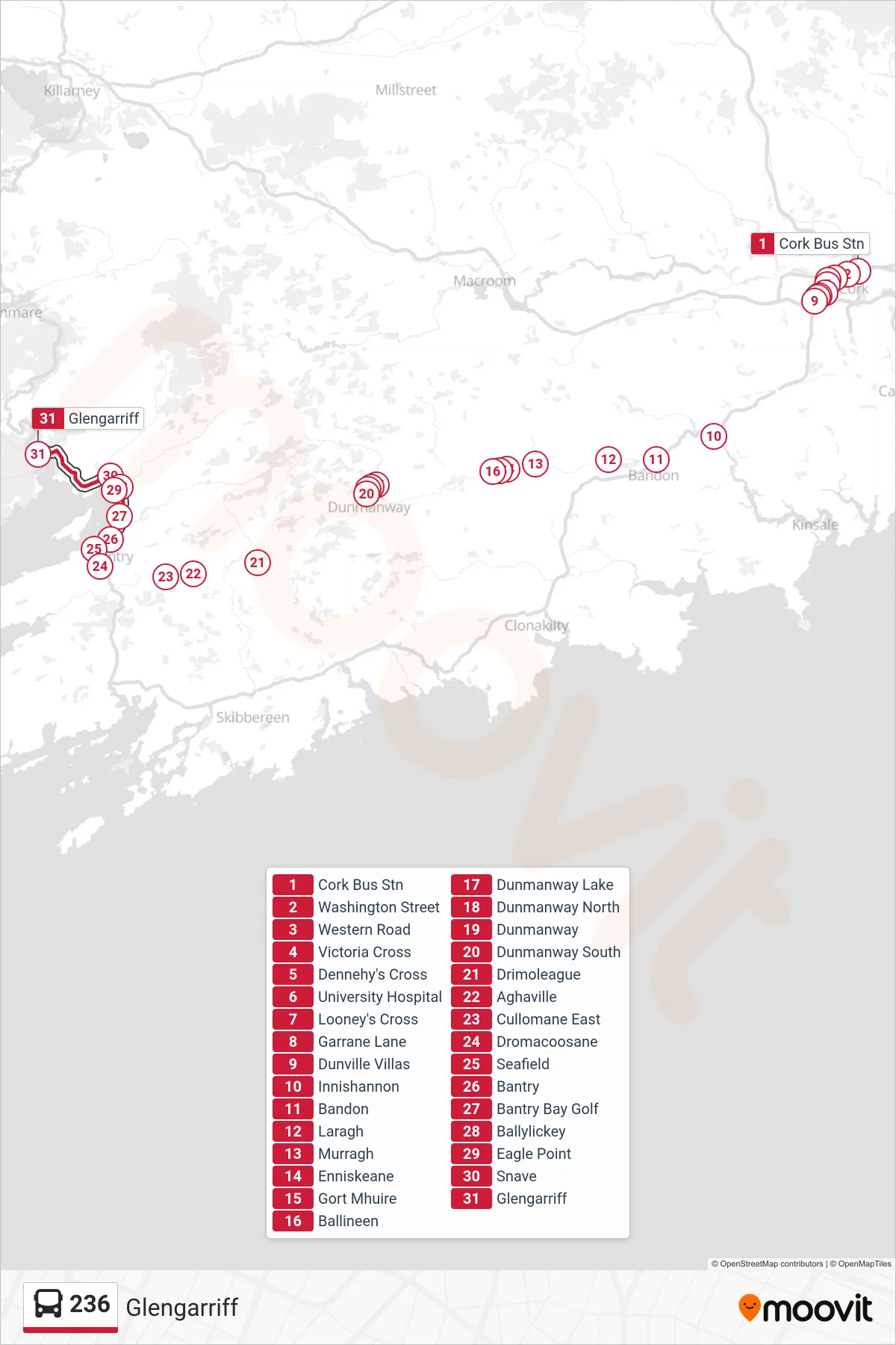 236 bus Line (Glengarriff) route and stops on a map