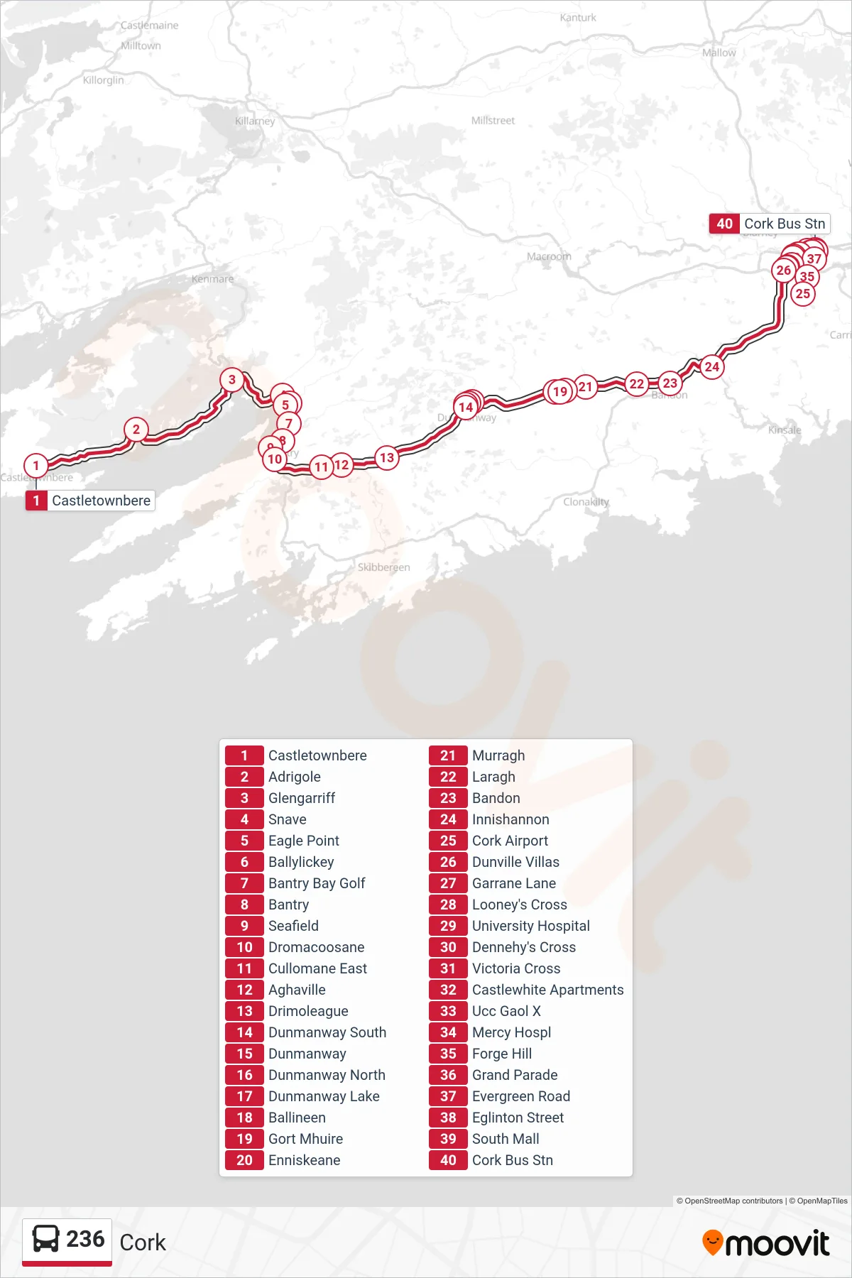 236 bus Line (Cork) route and stops on a map