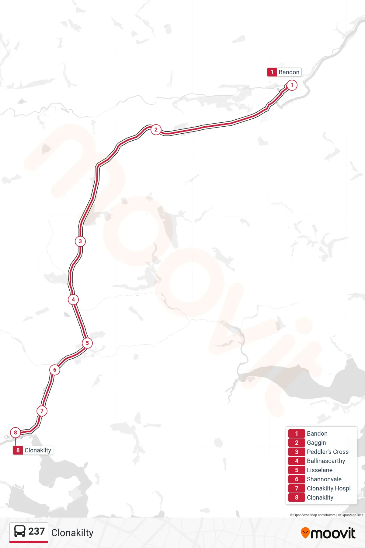 237 bus Line (Clonakilty) route and stops on a map