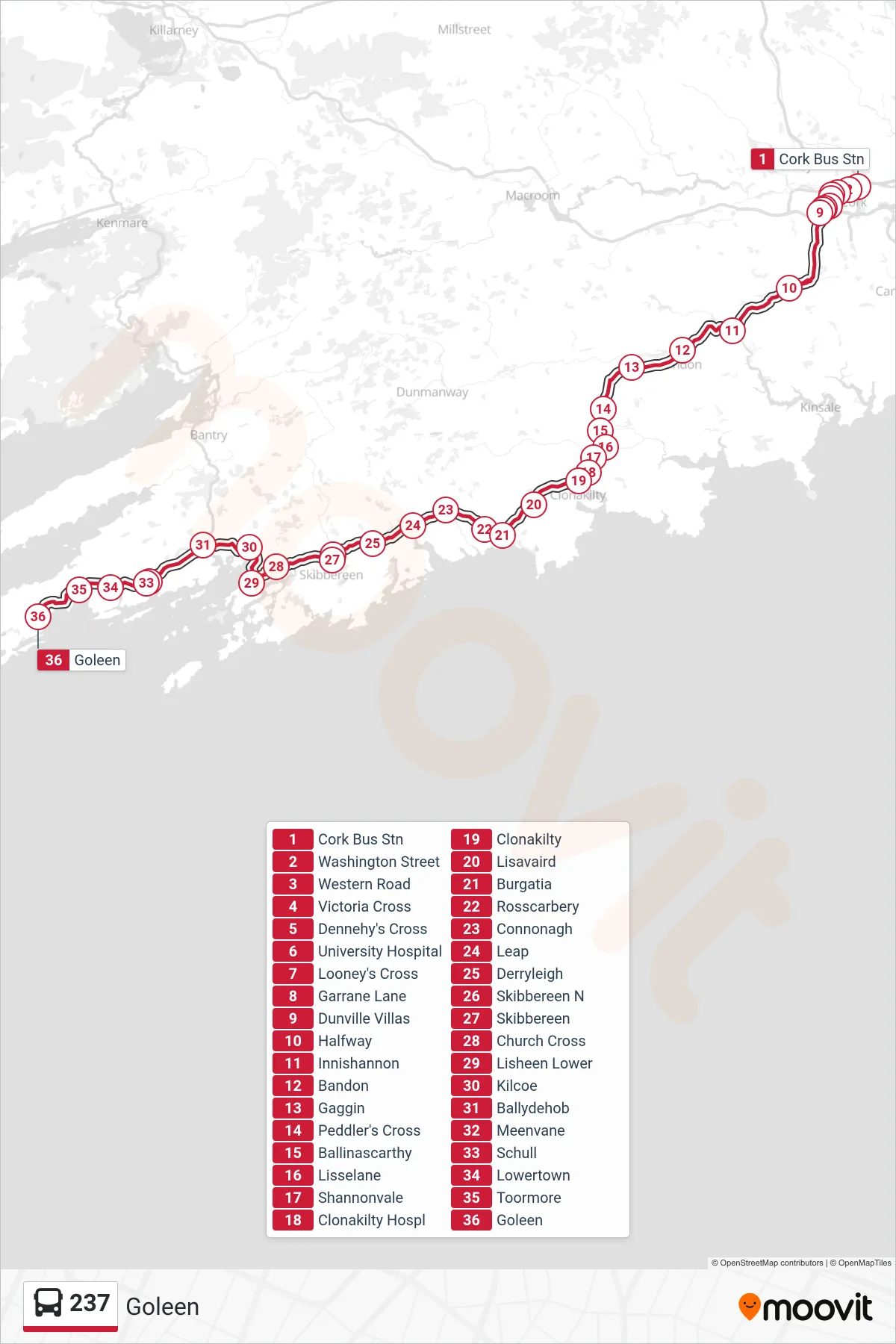237 bus Line (Goleen) route and stops on a map