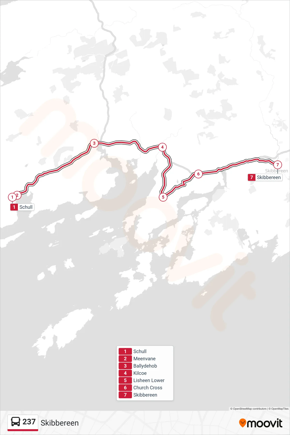 237 bus Line (Skibbereen) route and stops on a map