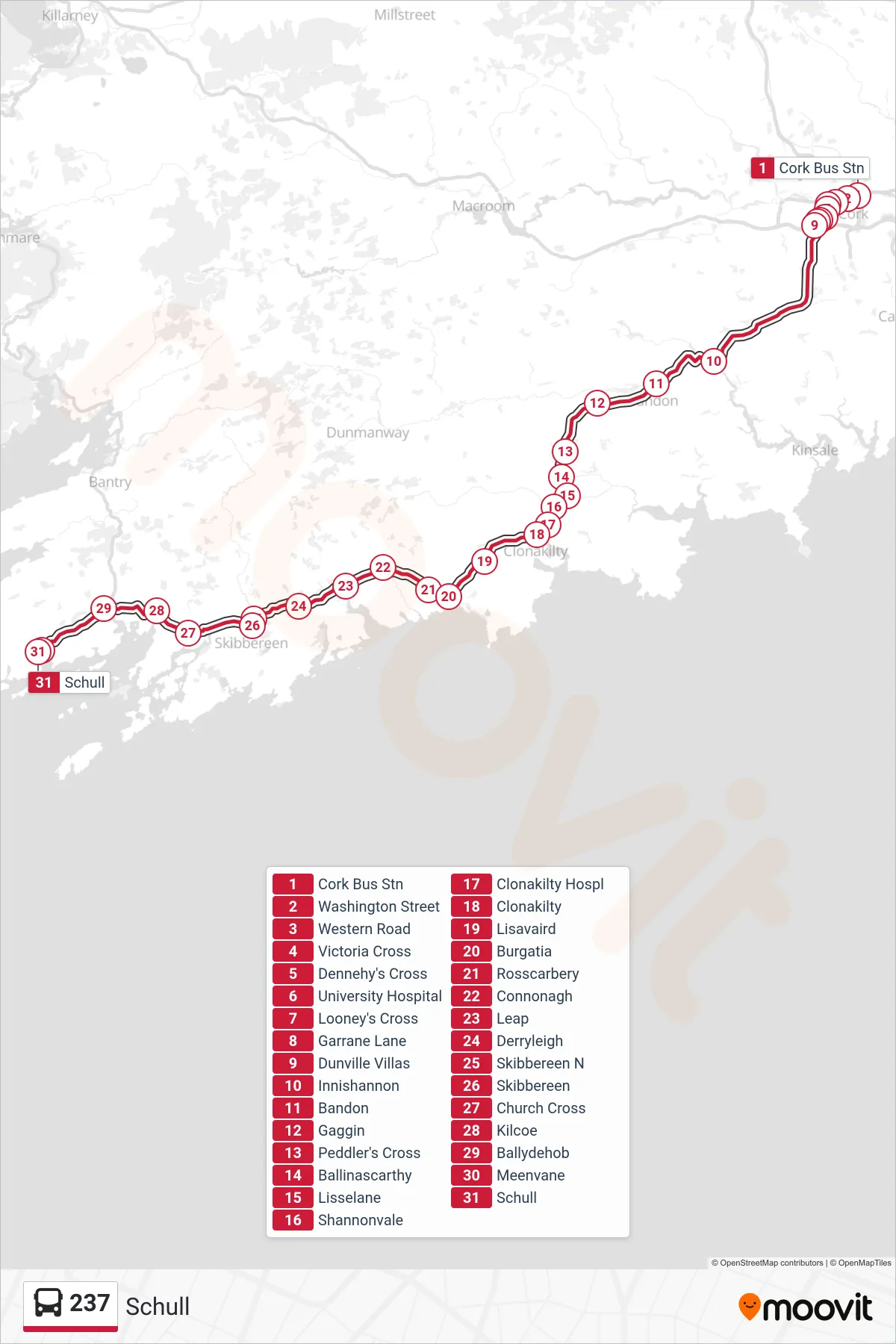 237 bus Line (Schull) route and stops on a map