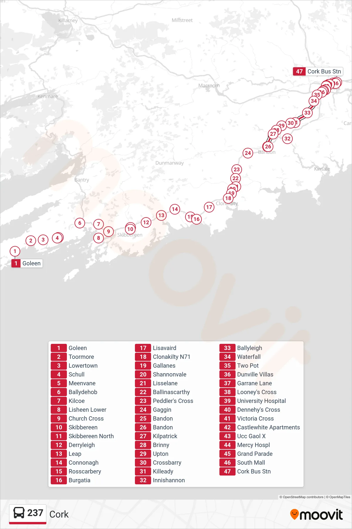 237 bus Line (Cork) route and stops on a map