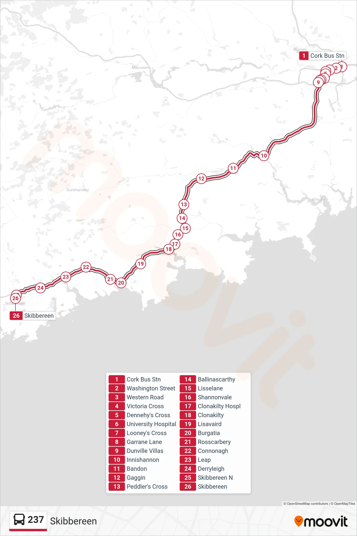 237 bus Line (Skibbereen) route and stops on a map