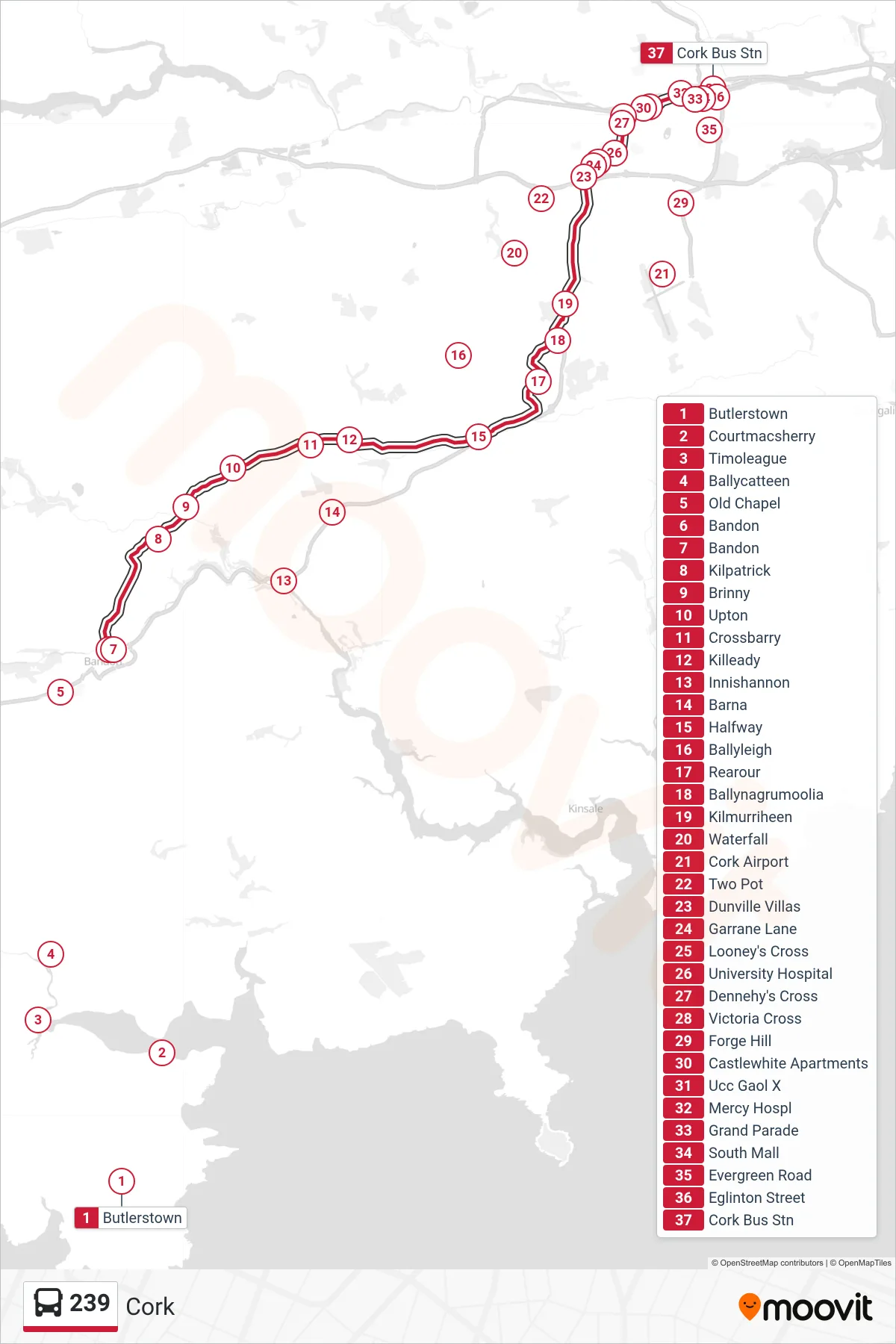 239 bus Line (Cork) route and stops on a map