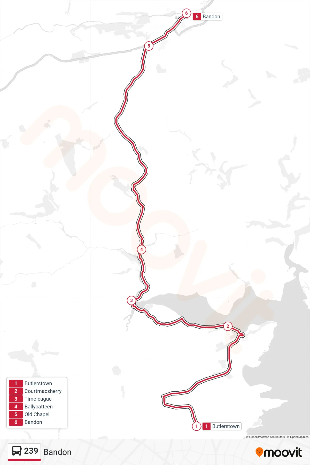 239 bus Line (Bandon) route and stops on a map