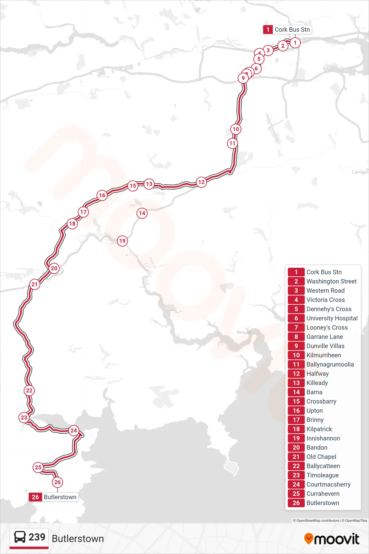 239 bus Line (Butlerstown) route and stops on a map
