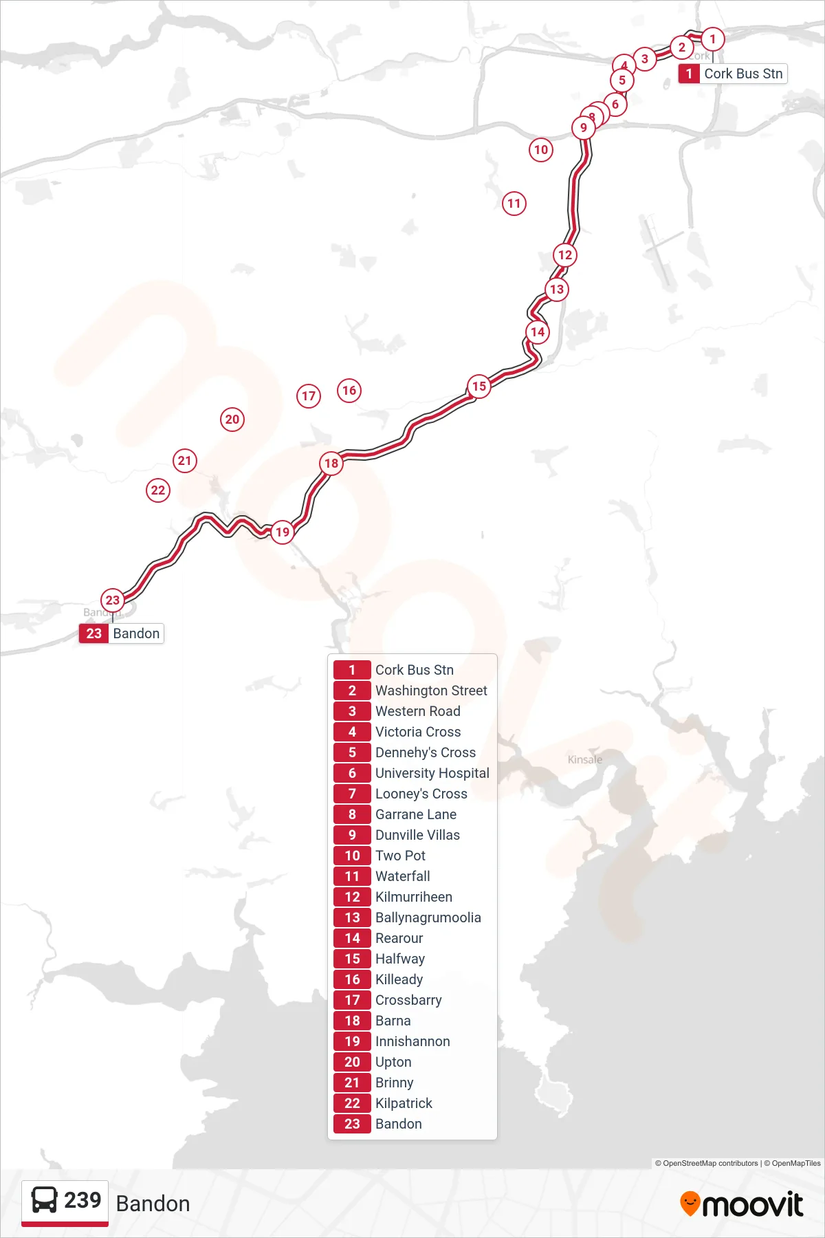 239 bus Line (Bandon) route and stops on a map