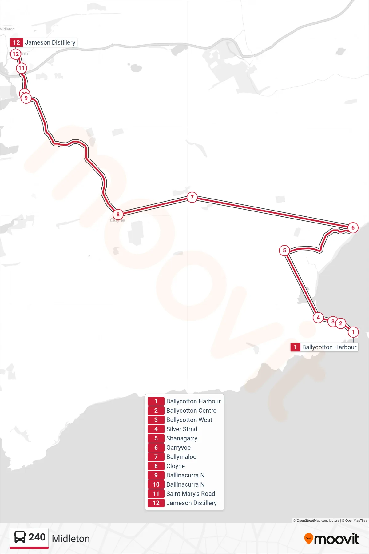 240 bus Line (Midleton) route and stops on a map