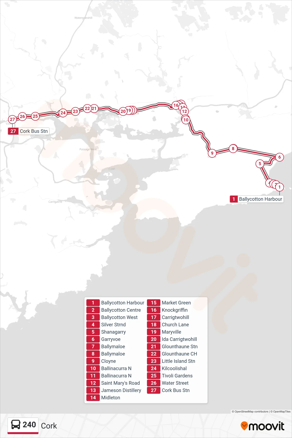 240 bus Line (Cork) route and stops on a map