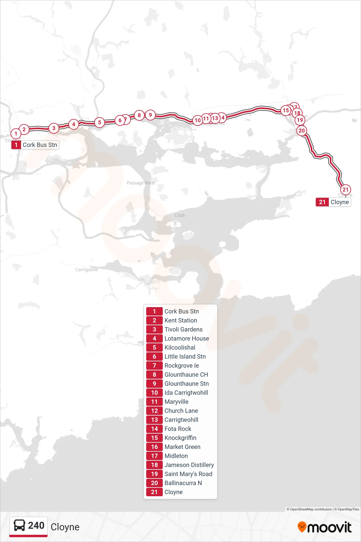 240 bus Line (Cloyne) route and stops on a map