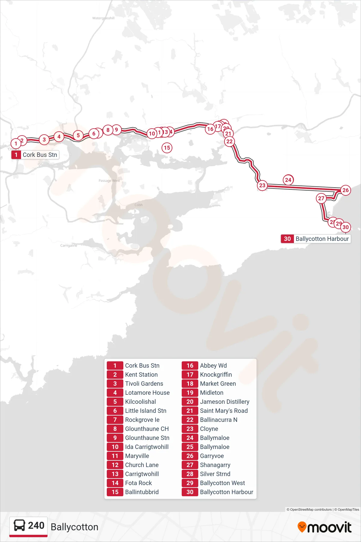 240 bus Line (Ballycotton) route and stops on a map