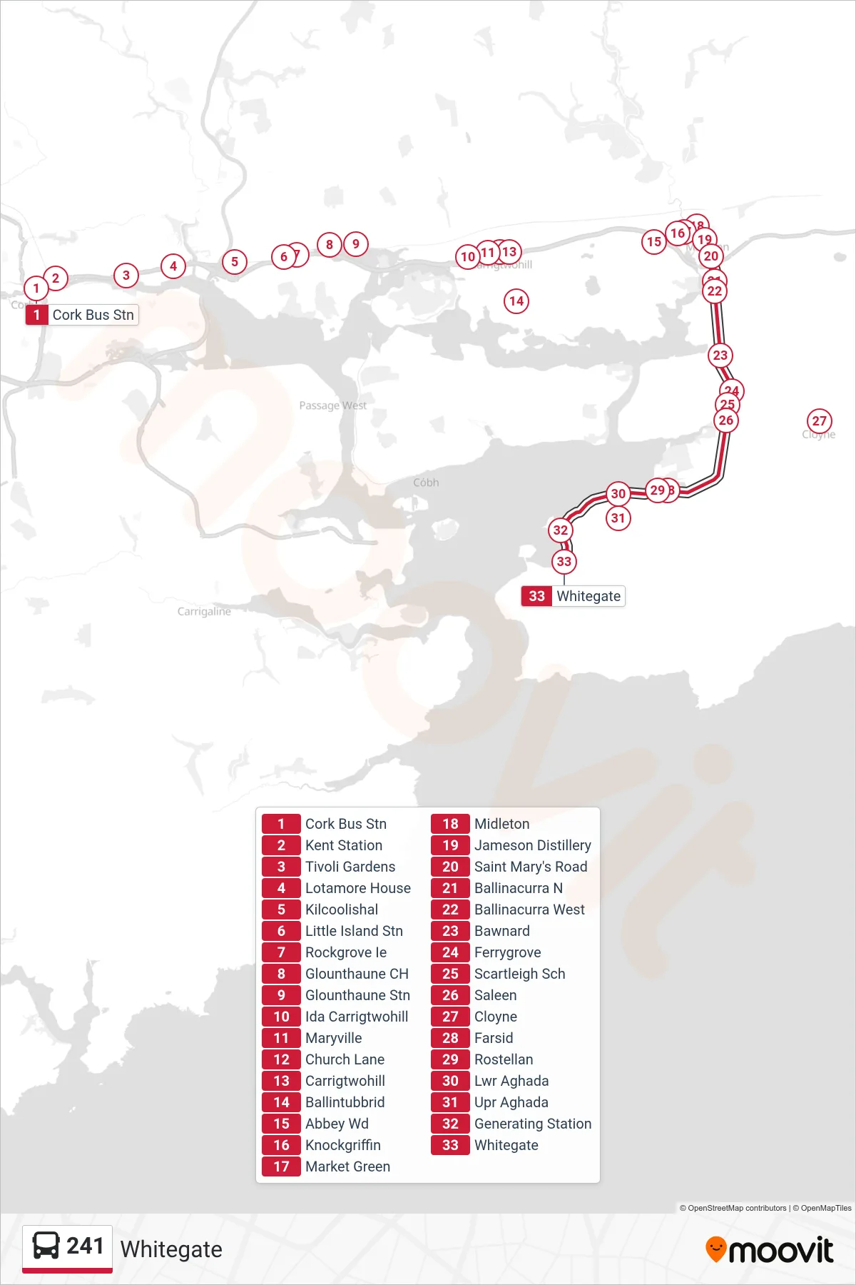 241 bus Line (Whitegate) route and stops on a map
