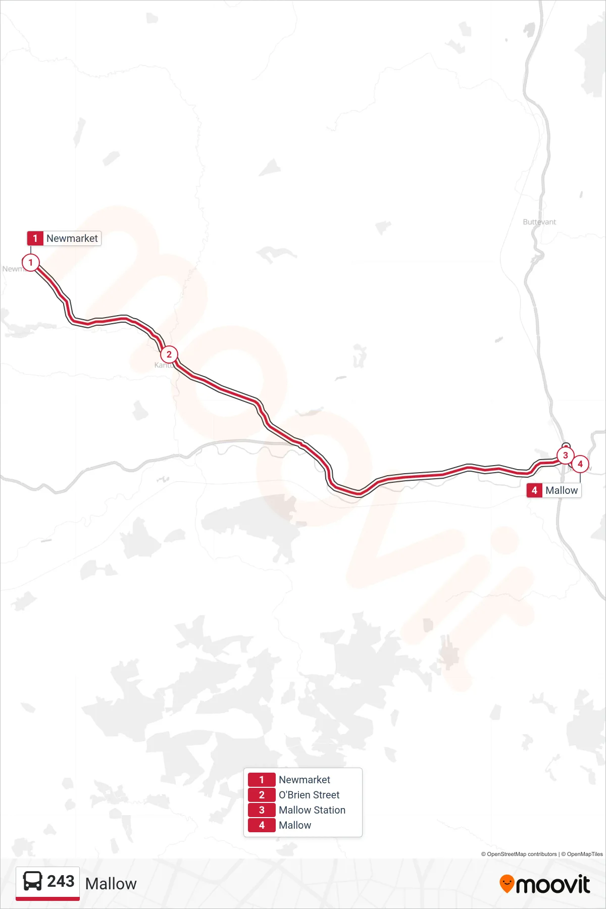 243 bus Line (Mallow) route and stops on a map