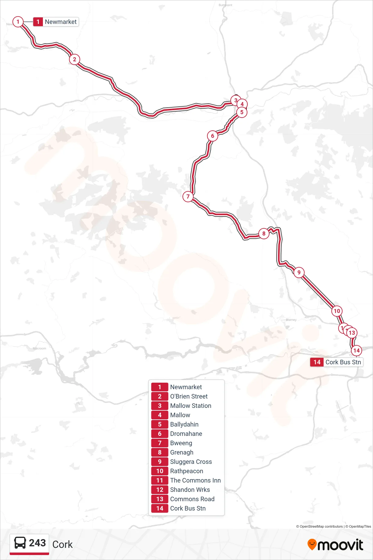 243 bus Line (Cork) route and stops on a map