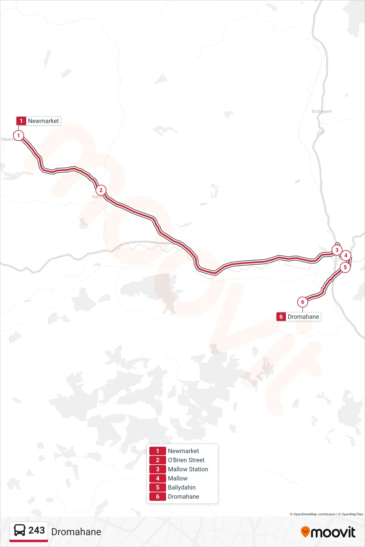 243 bus Line (Dromahane) route and stops on a map