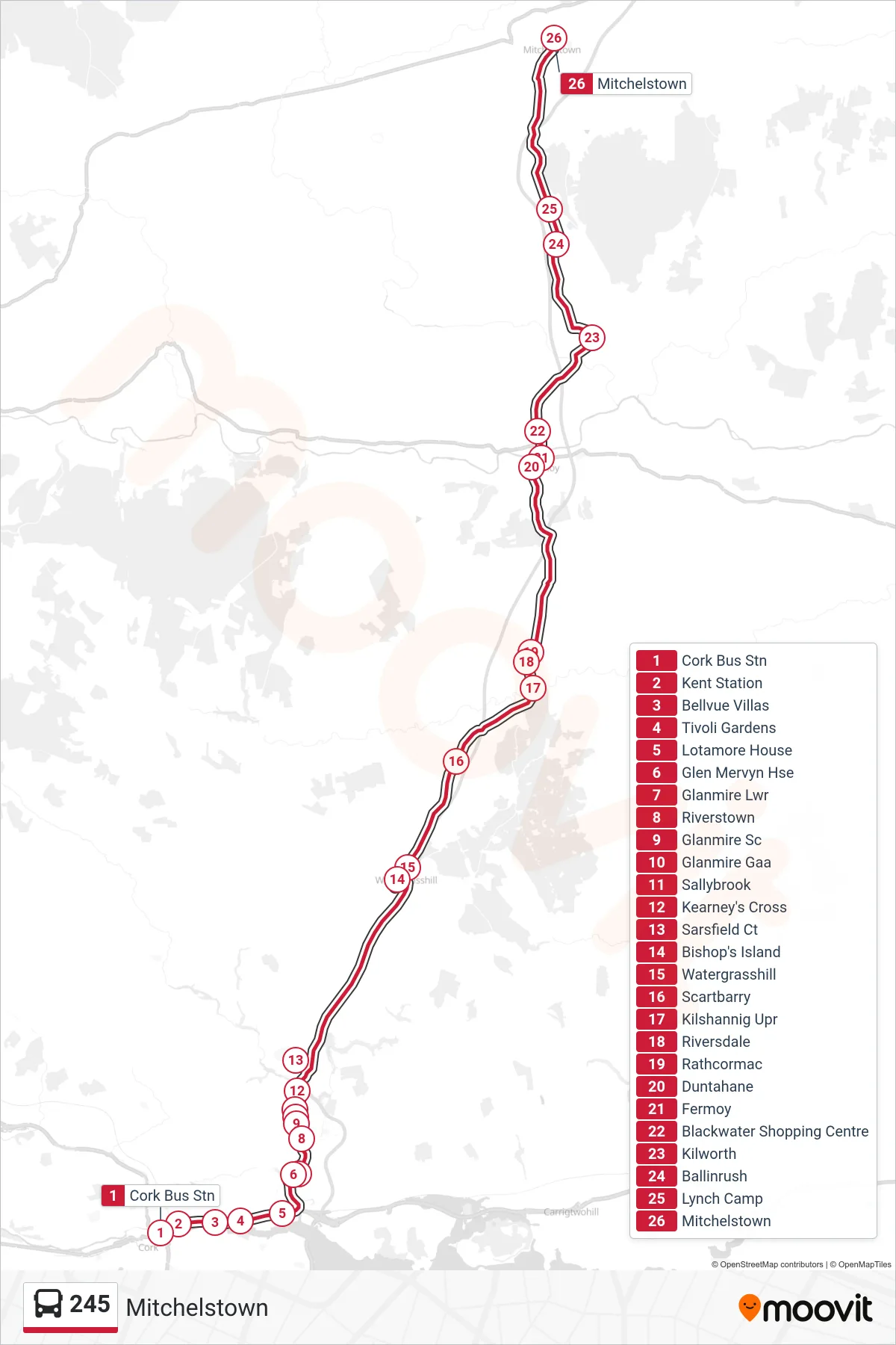 245 bus Line (Mitchelstown) route and stops on a map