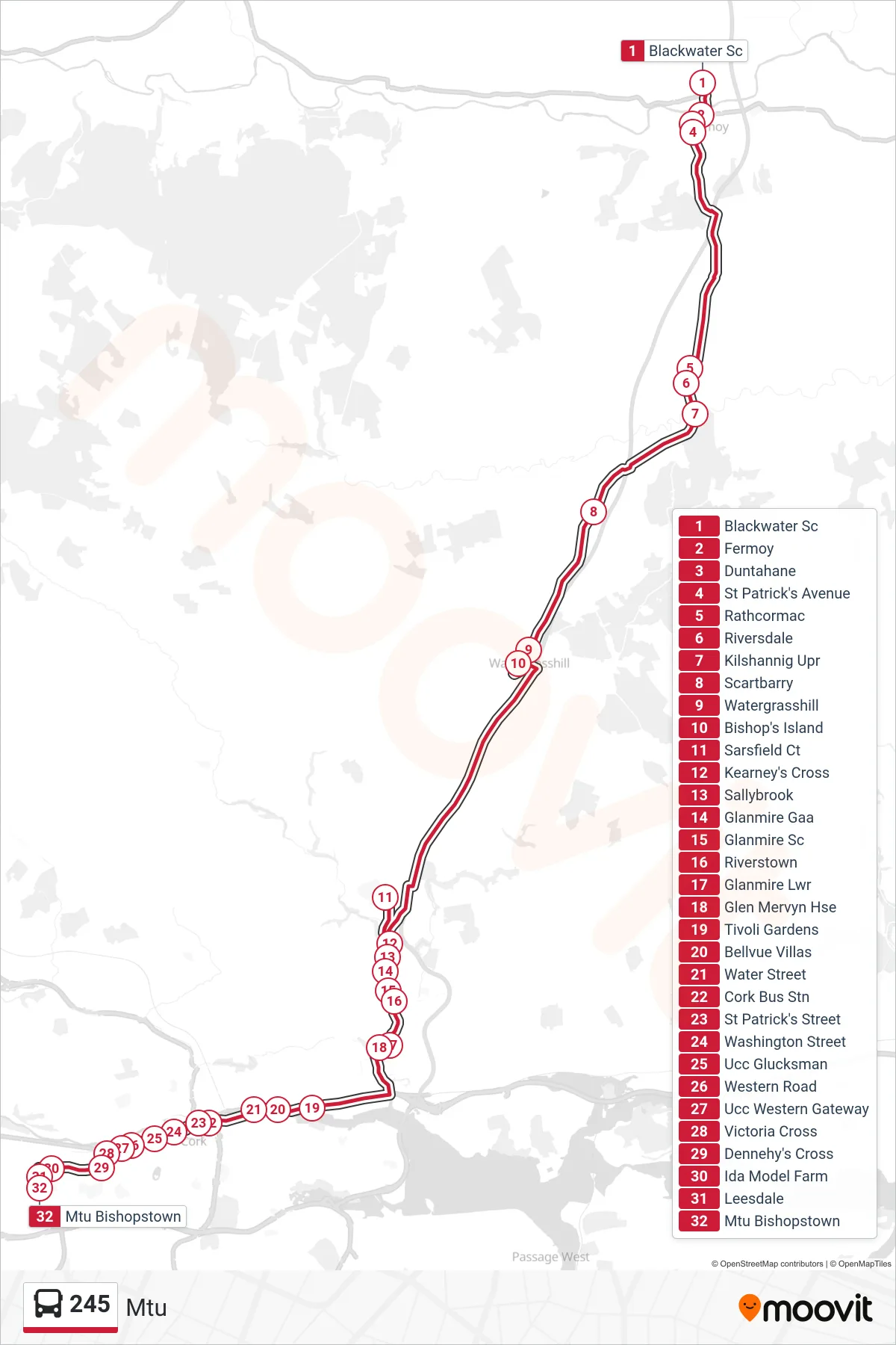 245 bus Line (Mtu) route and stops on a map