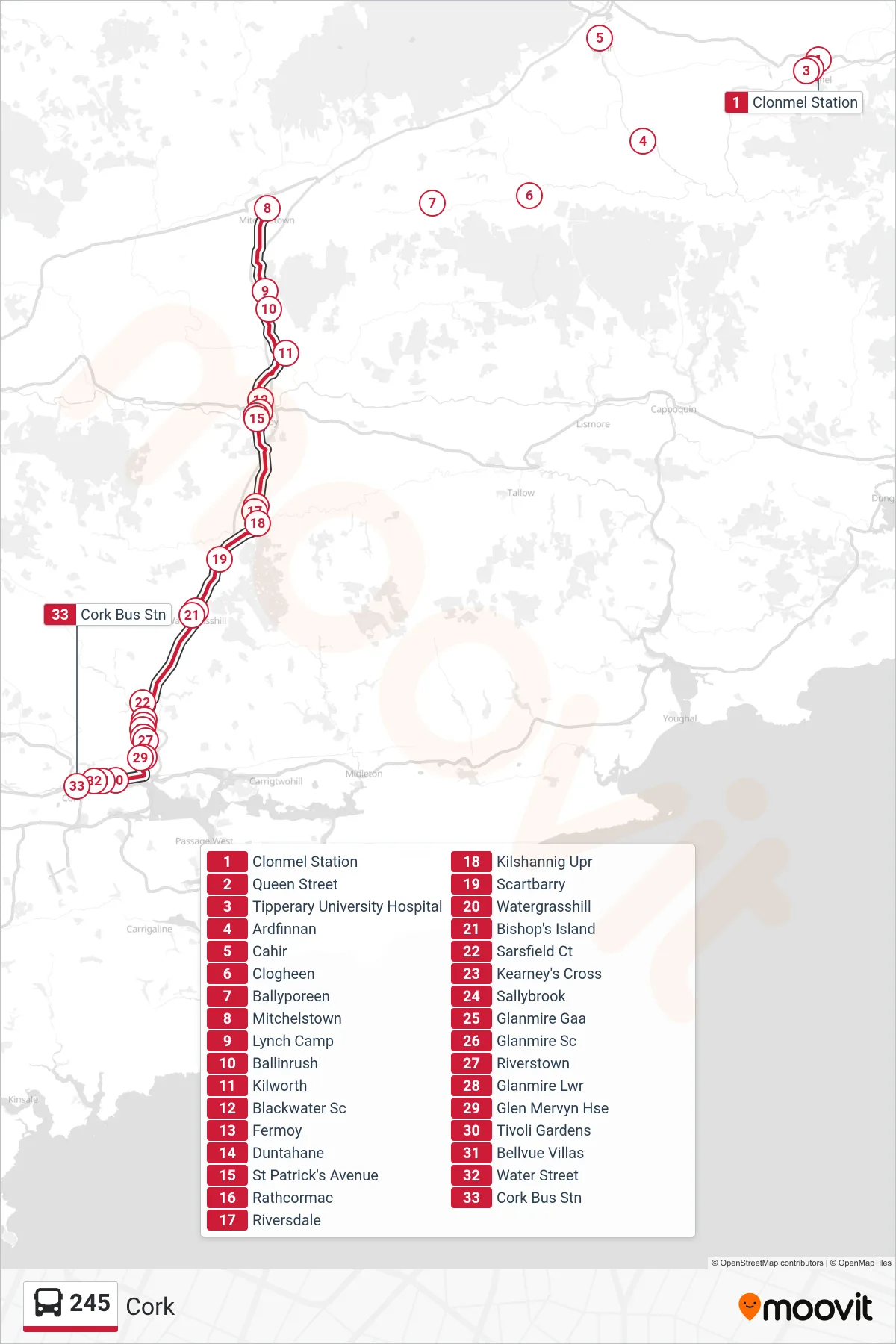 245 bus Line (Cork) route and stops on a map