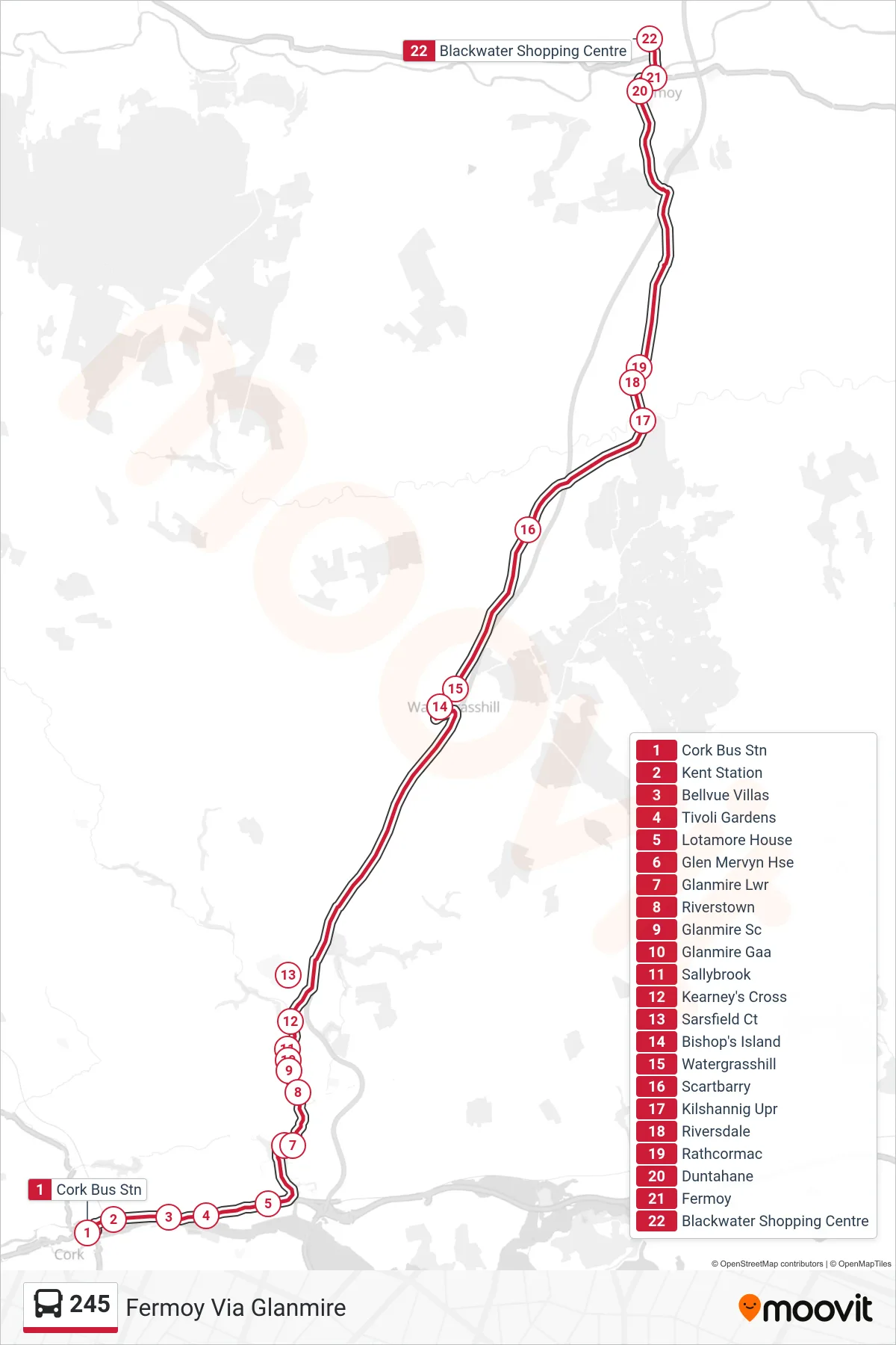 245 bus Line (Fermoy Via Glanmire) route and stops on a map
