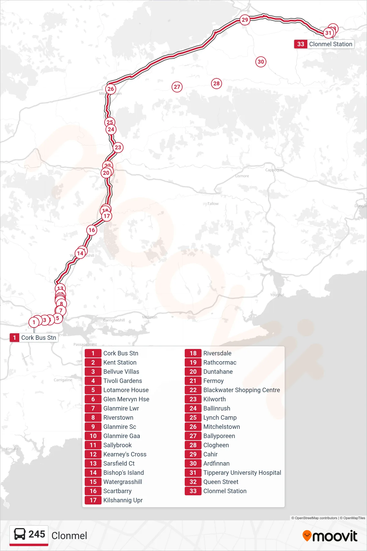 245 bus Line (Clonmel) route and stops on a map