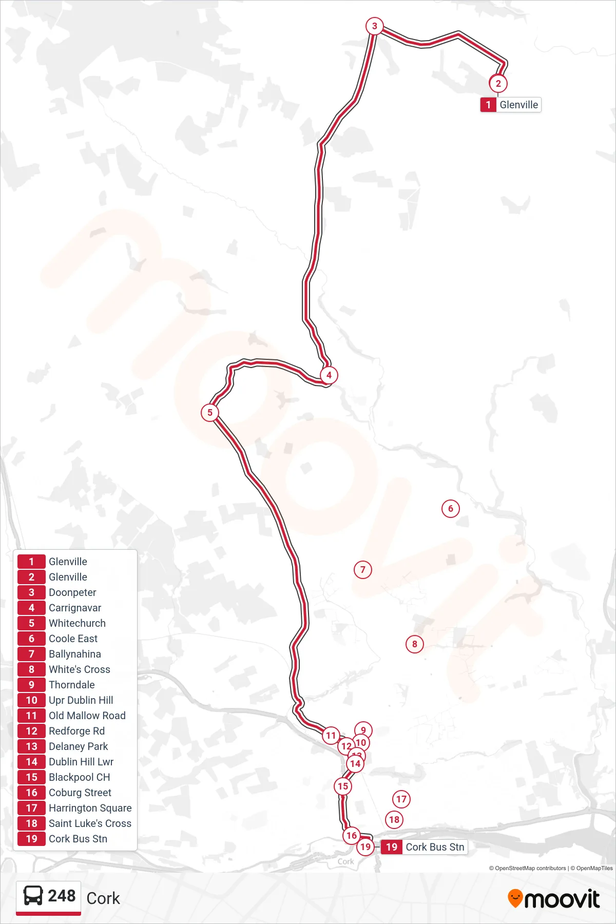 248 bus Line (Cork) route and stops on a map