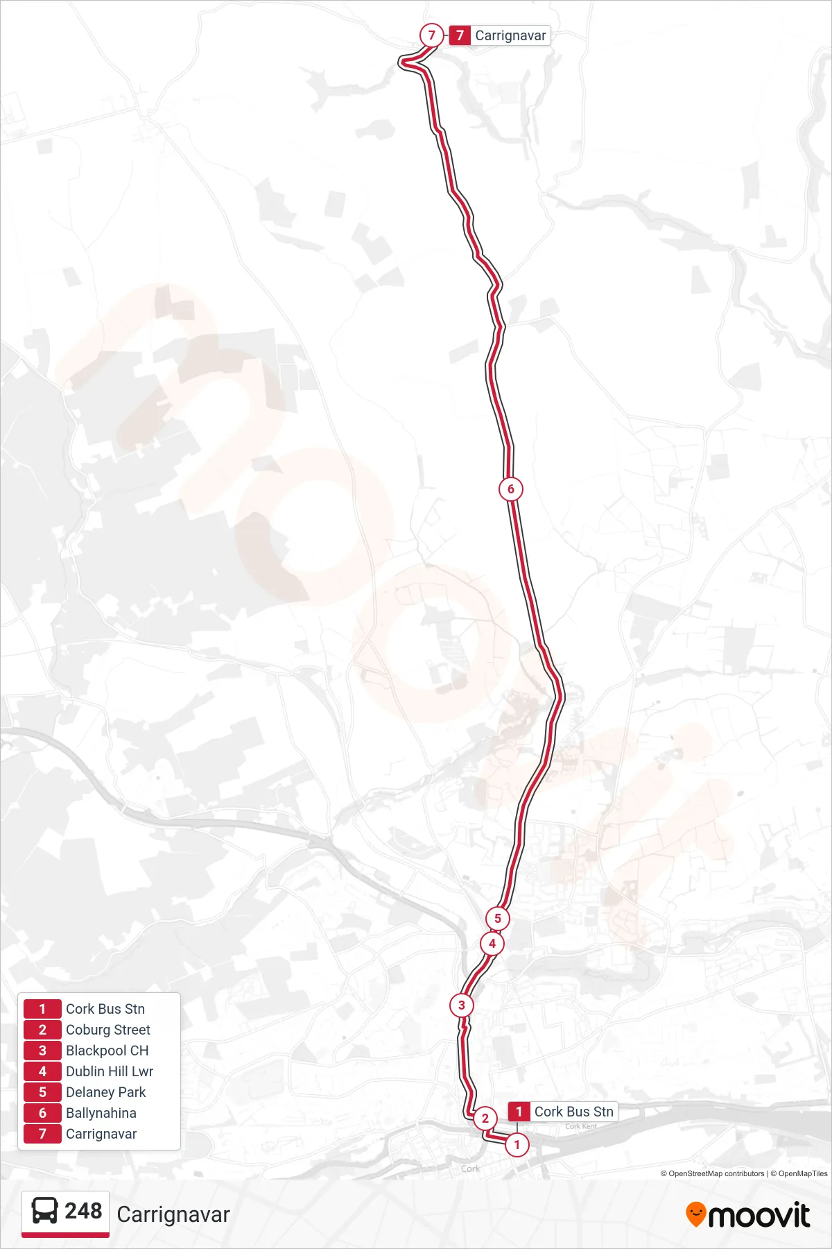 248 bus Line (Carrignavar) route and stops on a map