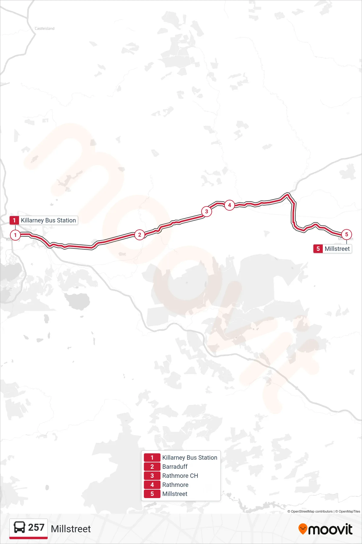 257 bus Line (Millstreet) route and stops on a map
