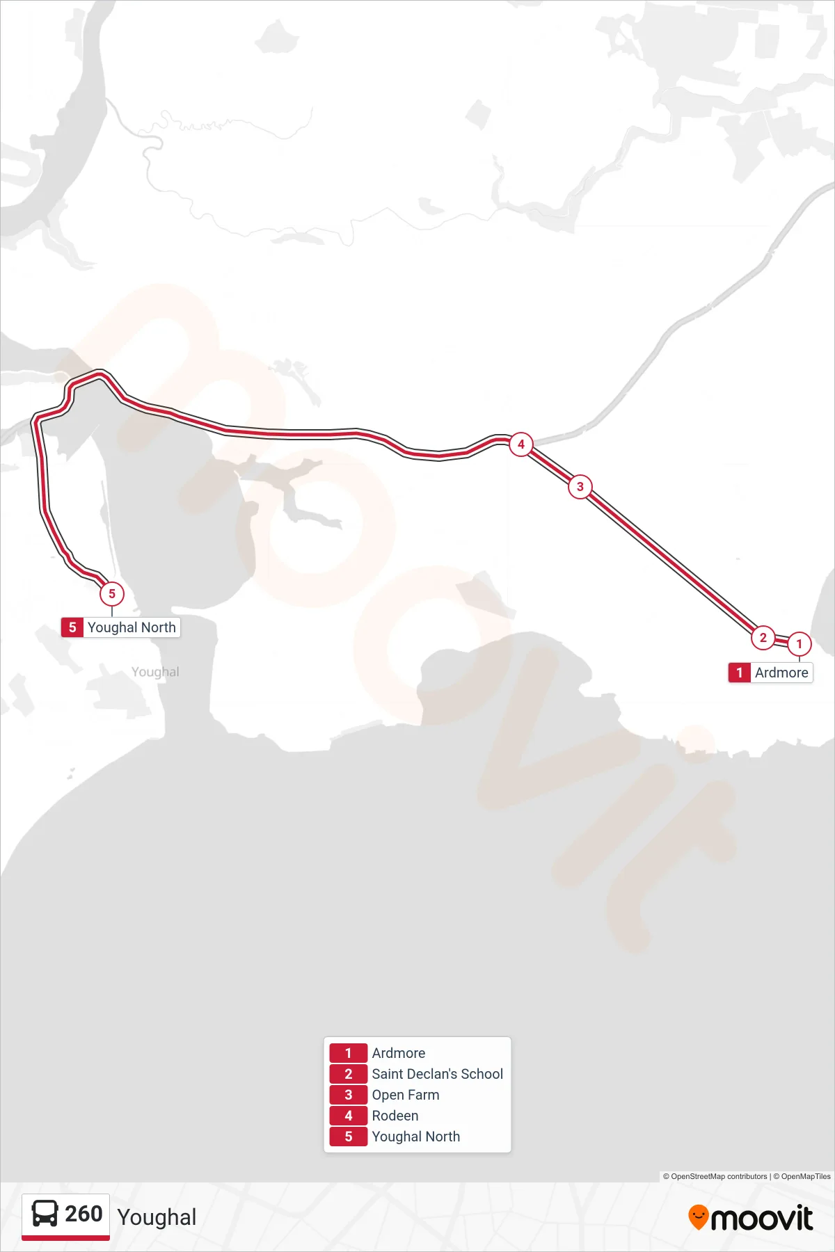 260 bus Line (Youghal) route and stops on a map
